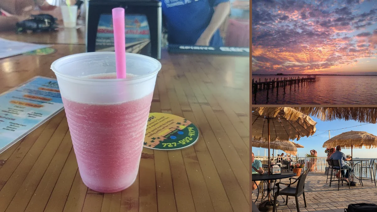 Tiki bar seating beside the water.