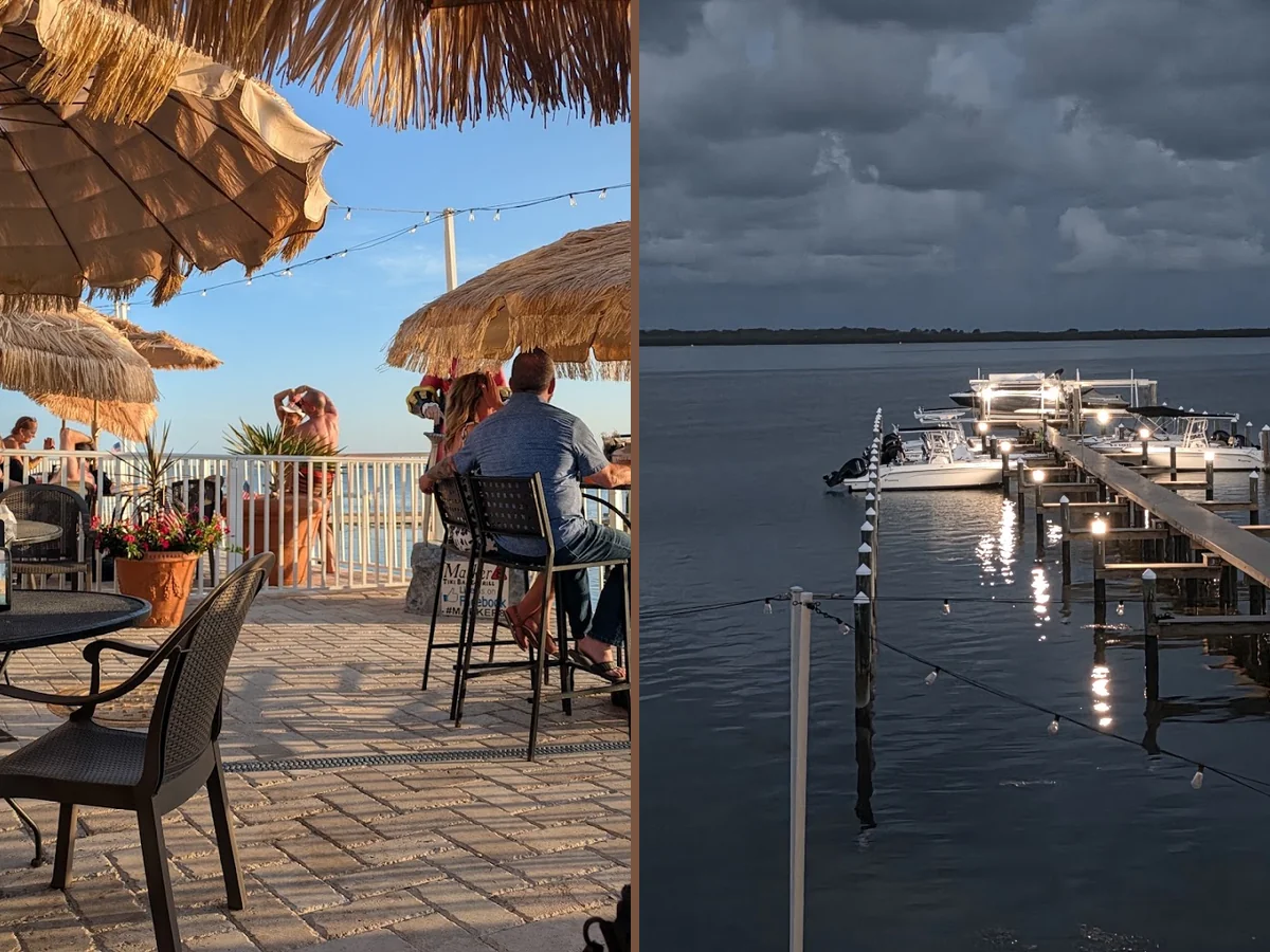 Outdoor patio with a waterfront view.